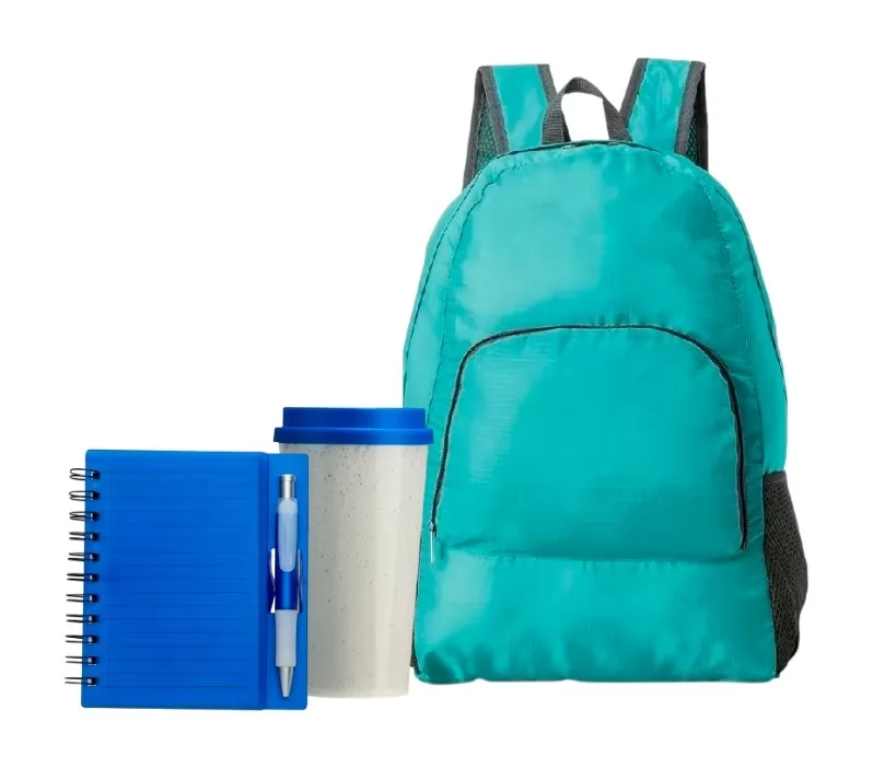 Kit com Mochila Bloco de Anotações e Copo em Fibra de Arroz